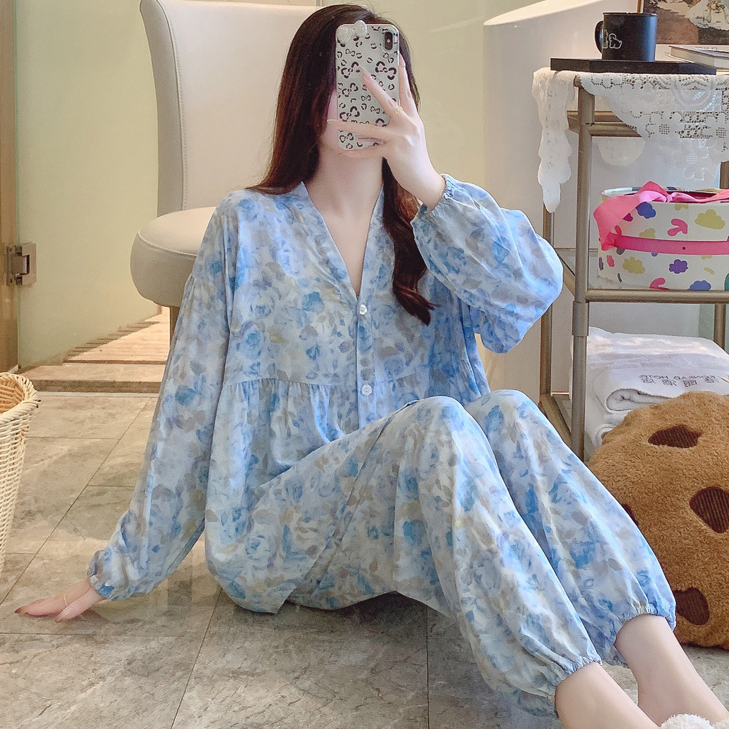 棉绸睡衣女春秋长袖夏薄款人造棉妈妈家居服绵绸老人套装大码胖mm