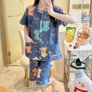 妈妈睡衣纯棉布料100全棉女夏短袖短裤家居服棉布薄套装大码可爱