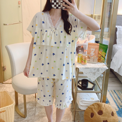 防凸点棉绸睡衣女夏短袖短裤人造棉妈妈家居服绵绸薄套装学生可爱