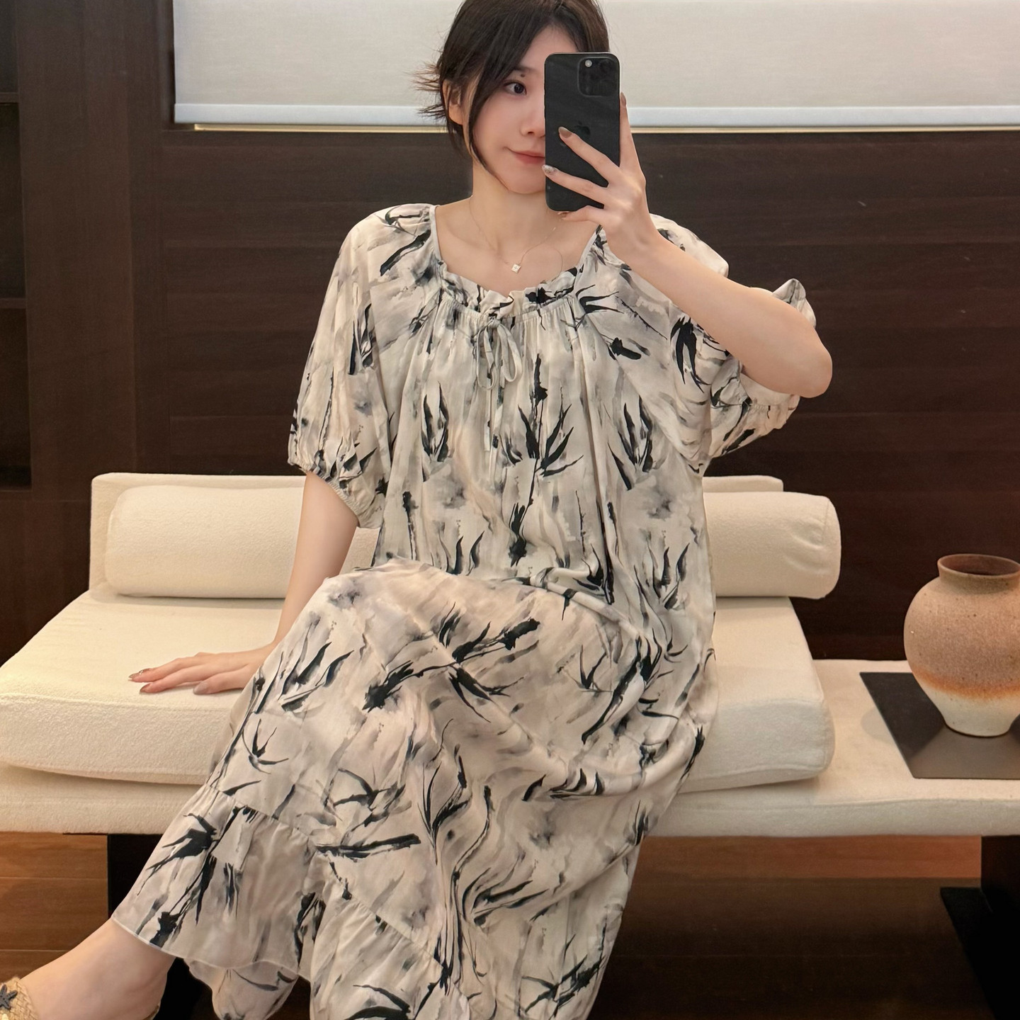 棉绸睡裙长款女夏裙子绵绸人造棉短袖睡衣裙连衣裙薄款大码高级感