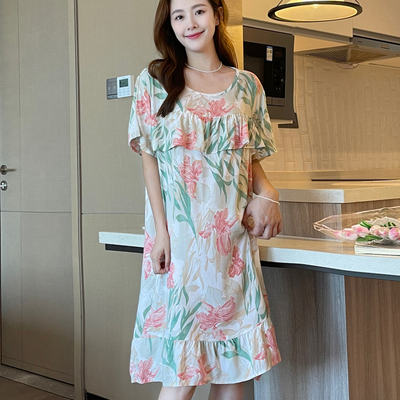 防凸点棉绸睡裙女夏短袖绵绸睡衣妈妈人造棉连衣裙薄款睡衣裙大码