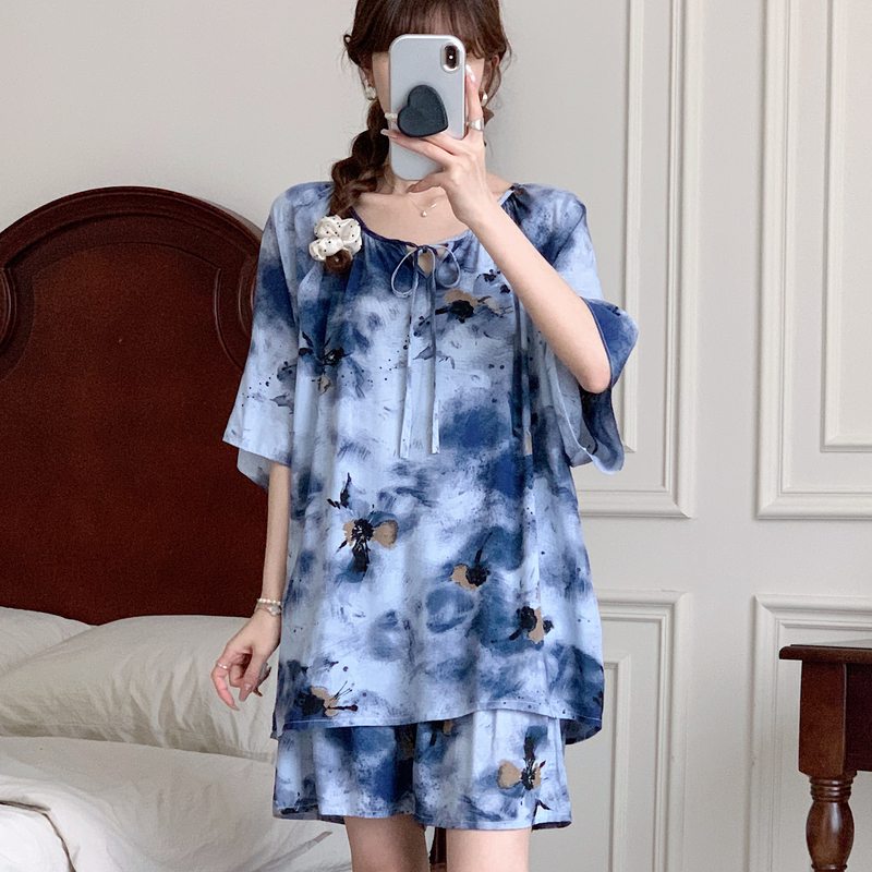 棉绸睡衣女夏短袖短裤人造棉妈妈家居服中老年人绵绸套装大码外穿