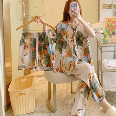 三件套棉绸睡衣女夏季短袖短裤长裤绵绸家居服人造棉套装大码外穿