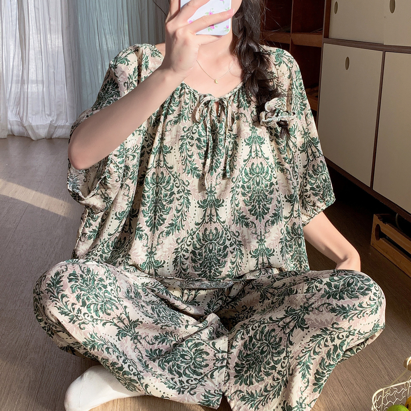 国风带胸垫一体棉绸睡衣女春夏短袖长裤绵绸妈妈家居服人造棉套装