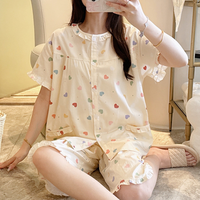 纯棉睡衣女夏短袖短裤100全棉家居服妈妈梭织棉布中老年套装大码