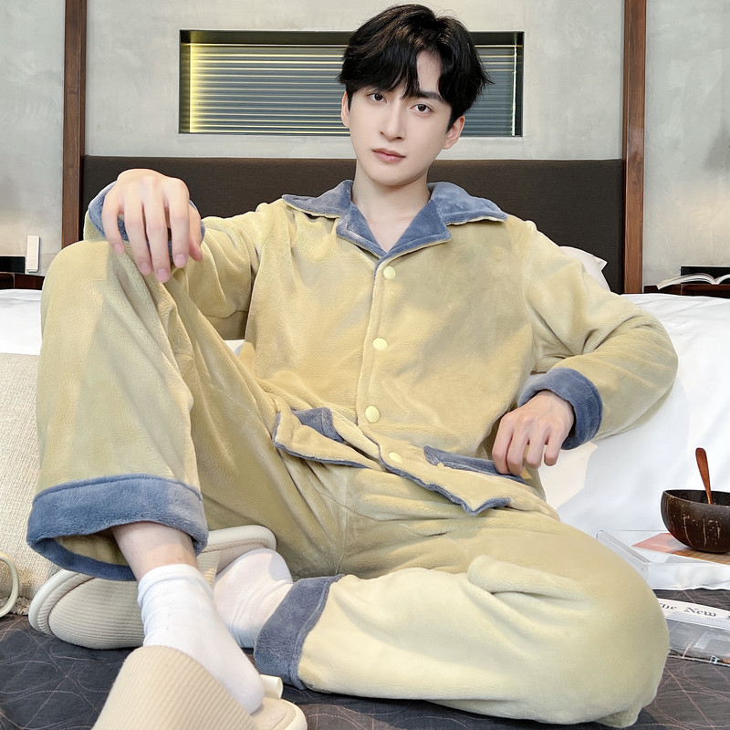 珊瑚绒睡衣男秋冬加厚加绒青少年法兰绒家居服冬毛绒套装大码外穿