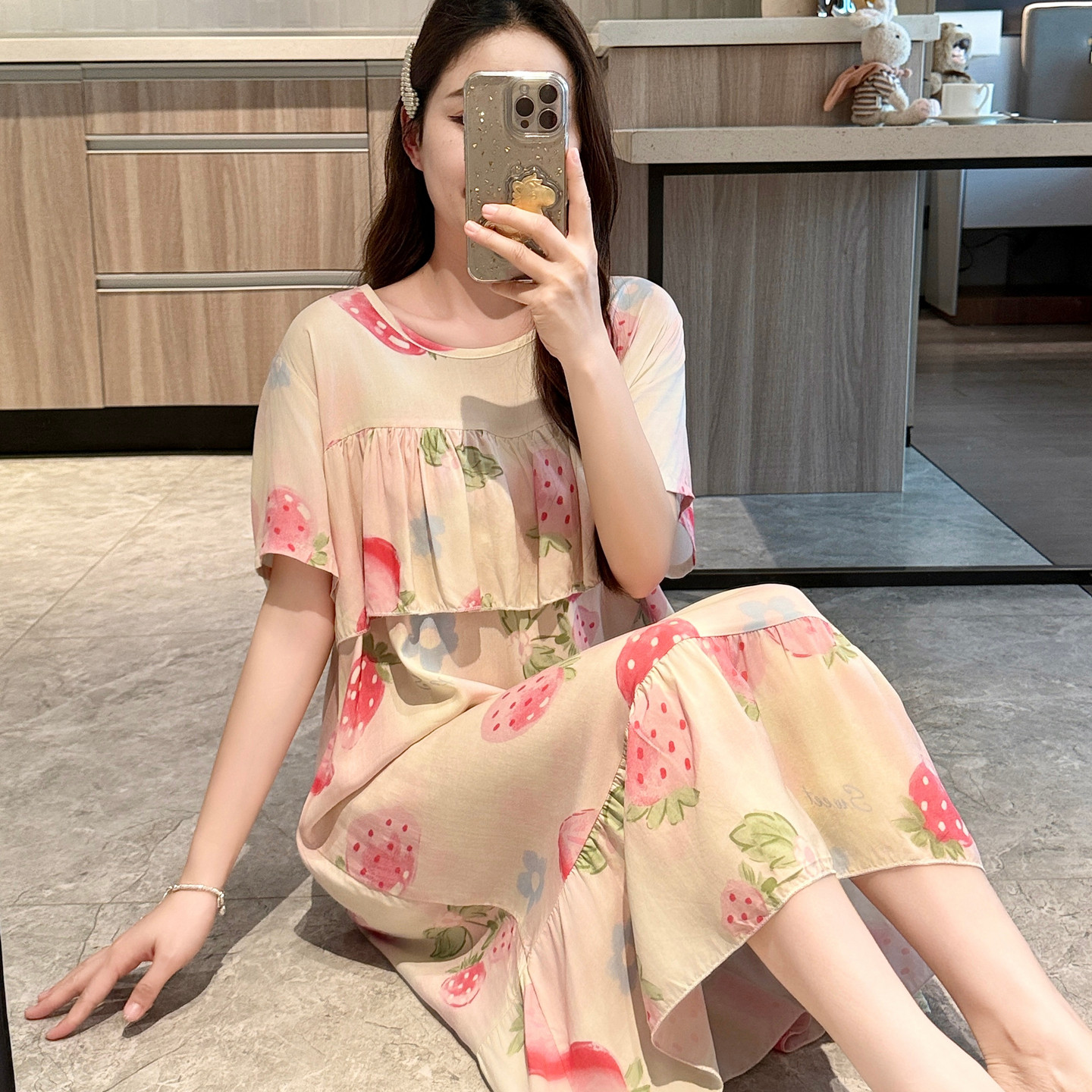 漂亮外穿防凸点棉绸睡裙女夏短袖睡衣居家薄连衣裙大码可爱小个子