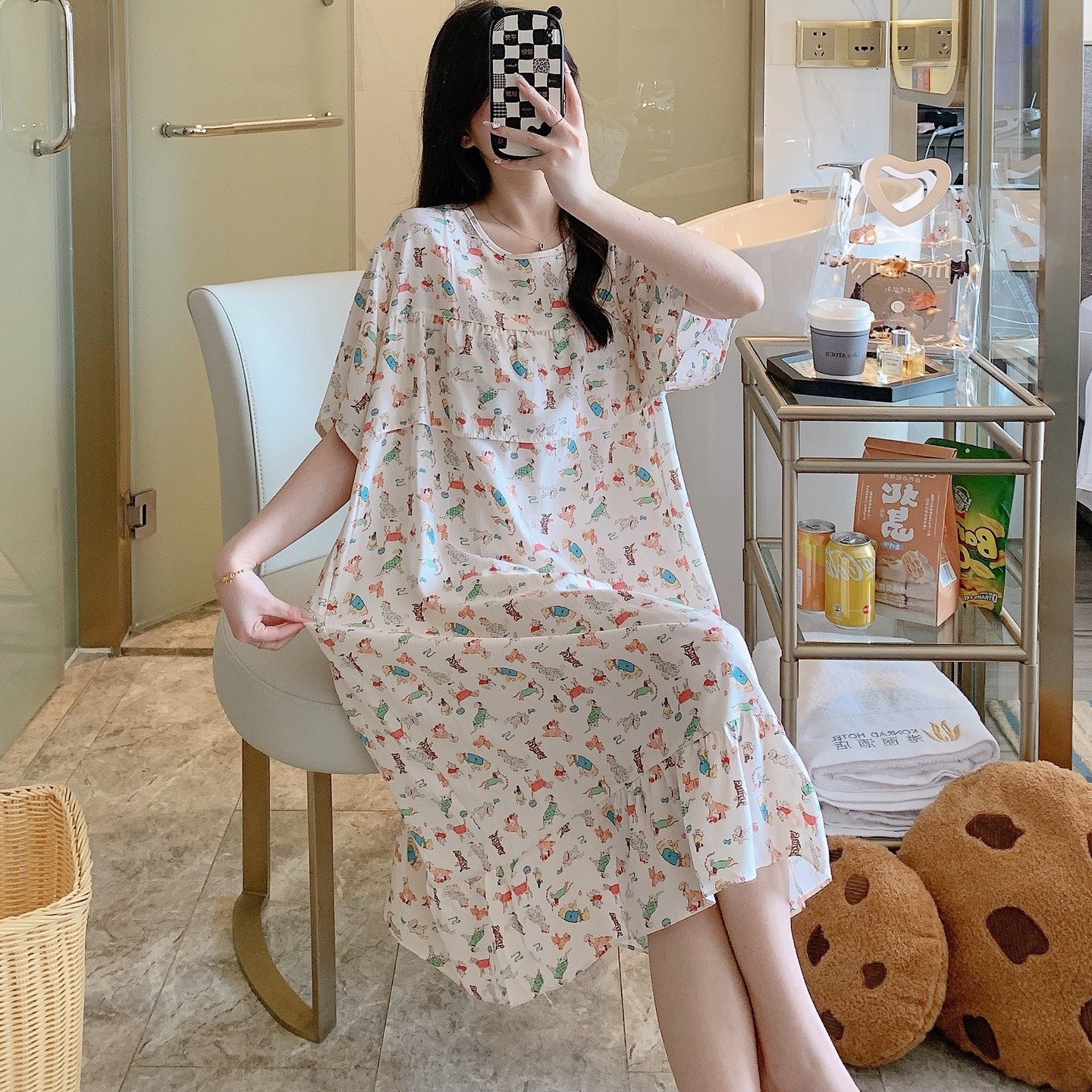 防凸点棉绸睡裙女夏短袖绵绸睡衣人造棉连衣裙居家裙子初中生可爱