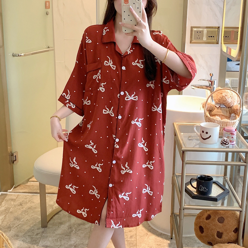 慵懒风棉绸睡裙女夏短袖绵绸薄衬衫睡衣孕妇人造棉连衣裙大码外穿