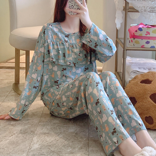 防凸点棉绸睡衣女春秋夏长袖人造棉妈妈免胸垫家居服绵绸大码套装