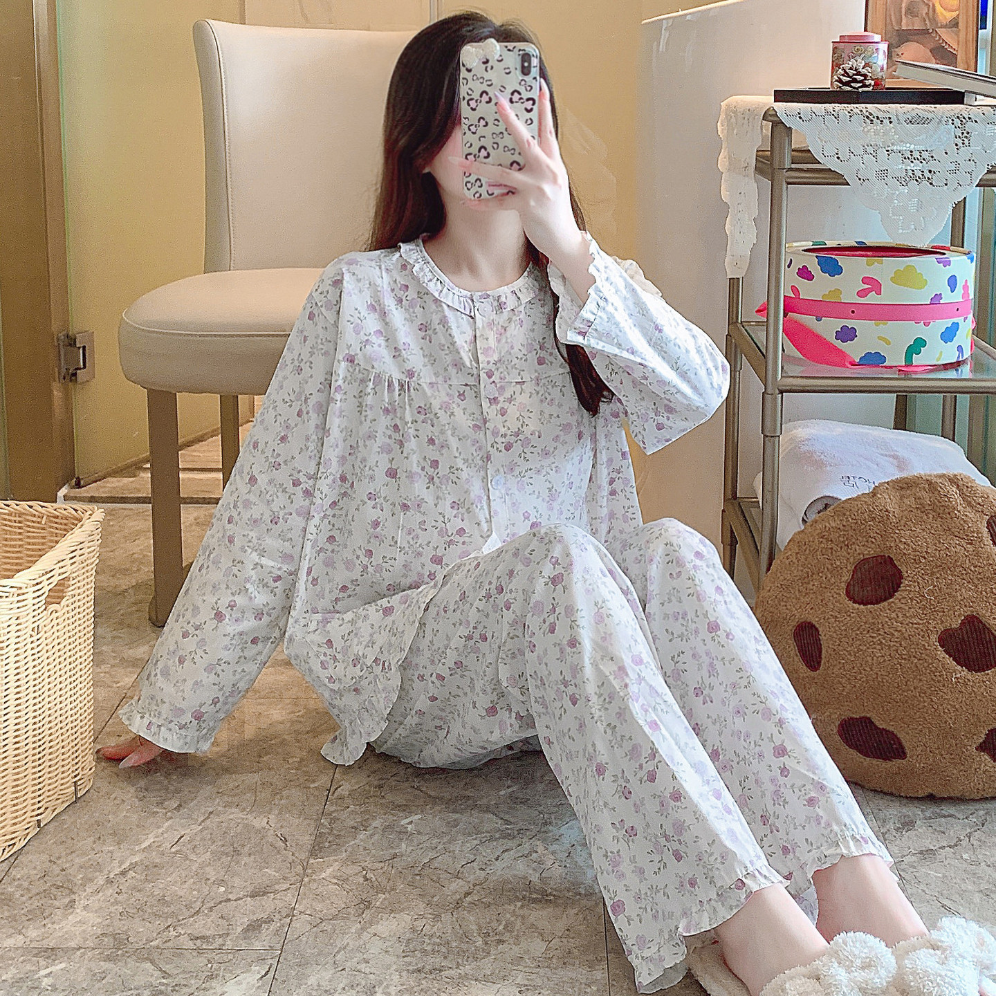 舒适纯棉睡衣布料100全棉女春秋夏薄长袖妈妈家居服棉布老人套装图片