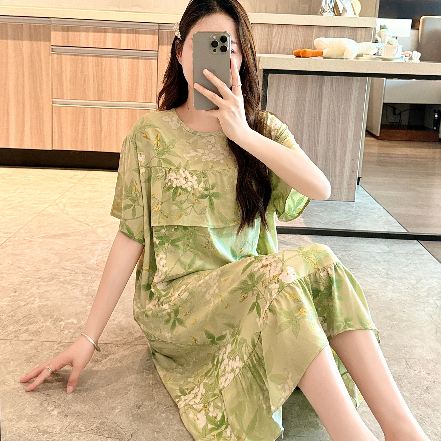 防凸点棉绸睡裙女夏短袖睡衣孕妇连衣裙薄居家裙子大码胖MM小个子