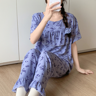 防凸点棉绸睡衣女春秋夏短袖长裤妈妈绵绸家居服人造棉中老年套装