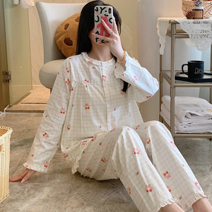 纯棉睡衣布料100全棉女春秋夏薄长袖妈妈家居服棉布套装外穿可爱