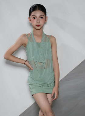 Dancebaby拉丁舞服女童练功服表演服高级版超好看分体三件套D118
