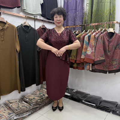 【推荐】高贵喜婆婆婚宴亮片洋气婚礼裙女旗袍紫红色妈妈平时可穿