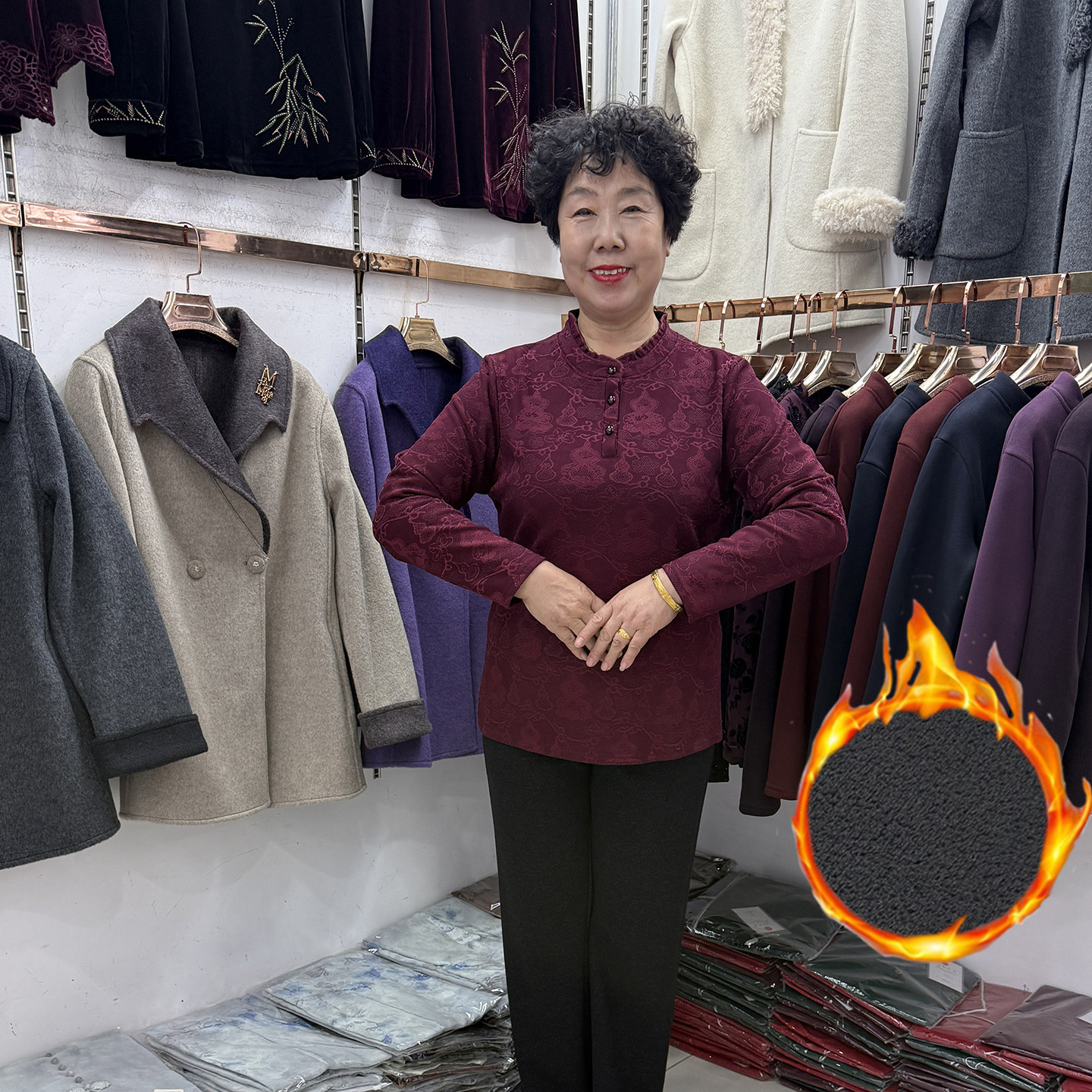 【加绒】妈妈装秋冬木耳边领保暖打底衫50多岁中年妇女时尚T恤衫