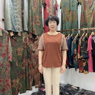 中老年夏装撞色条纹加肥加大T恤衫女2021舒适棉质妈妈短袖50岁