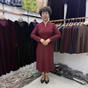 高端妈妈秋装新款V领洋气长袖连衣裙中长款女喜婆婆婚宴平时可穿