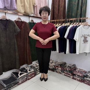 妈妈夏季短袖套装玫红色圆领T恤黑色+休闲裤2026中减龄显瘦两件套