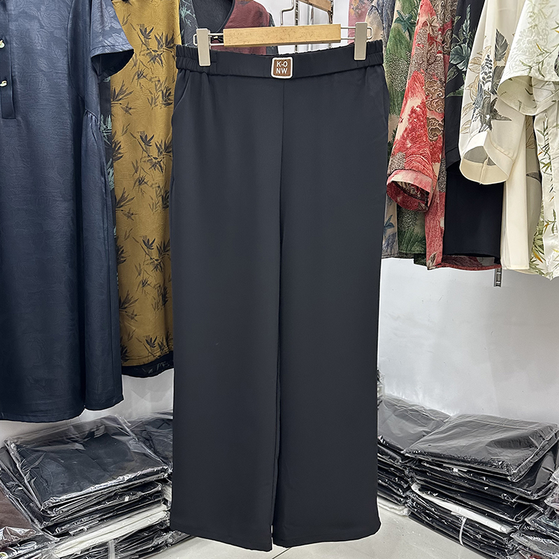 中年妈妈夏装休闲西裤高腰松紧女裤50岁妇女黑色显瘦直筒阔腿裤