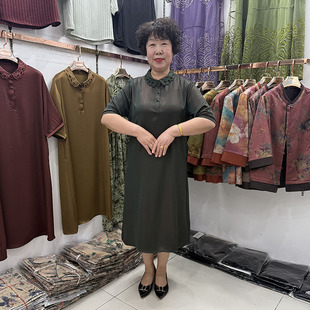 母亲节翻领镂空洋气连衣裙女宽松大码短袖显瘦过膝妈妈中长裙