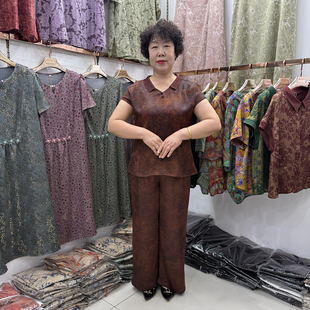中年妈妈夏装新品翻领国风真丝时尚套装女短袖2025t恤衫+阔腿裤