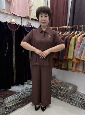 妈妈夏装棉麻两件套翻领刺绣衬衫上衣+阔腿裤中老年透气宽松套装