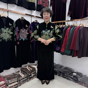 【春装新品】妈妈秋冬新款立领拼色丝绒衫女阔太太洋气套装直筒裤