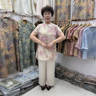 中老年夏装新中式立领斜襟国风小衫中长款妈妈优雅洋气两件套短袖