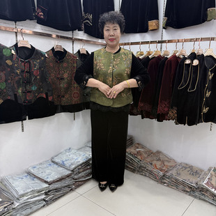 妈妈装新中式三件套复古印花马甲蕾丝拼接丝绒上衣宽松阔腿裤套装
