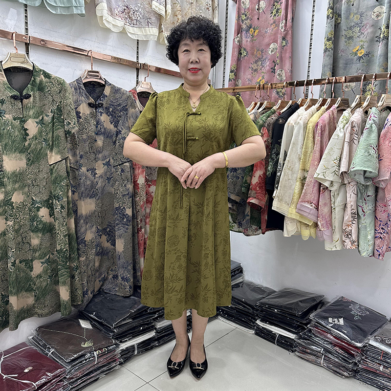国风夏装妈妈真丝缎旗袍连衣裙