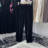 中年妇女秋季 黑色丝绒松紧腰直筒裤 子45岁55妈妈显瘦小脚舒适灯笼