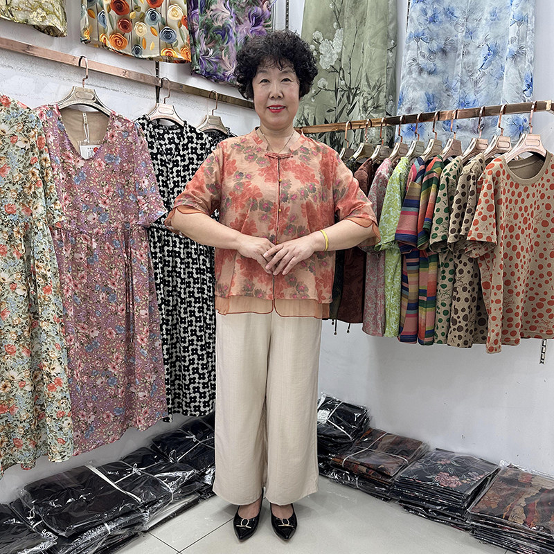 舒适小衫短袖女妈妈休闲国风套装图片