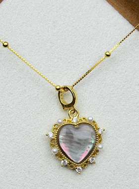 S925纯银黑蝶贝爱心珍珠吊坠项链