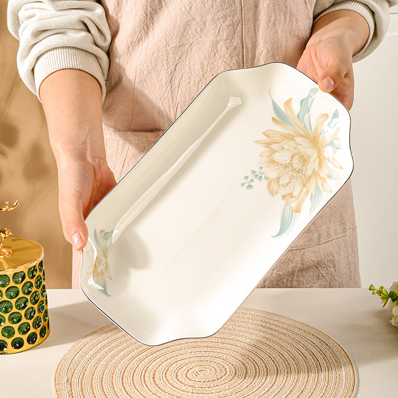 长方形陶瓷鱼盘轻奢金边爆款时尚家用金边花卉耐高温陶瓷碗盘组合