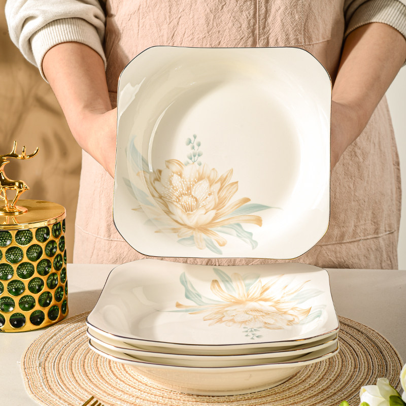 陶瓷方形如意盘轻奢金边爆款时尚家用金边花卉耐高温陶瓷碗盘组合