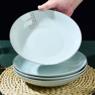 轻奢金边饭盘花边盘长方形鱼盘碟 玉珑1992简中饭盘家用菜盘子新款