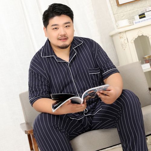 男士棉质薄睡衣 翻领短袖长裤套装 5XL加肥加大码280斤肥佬家居服