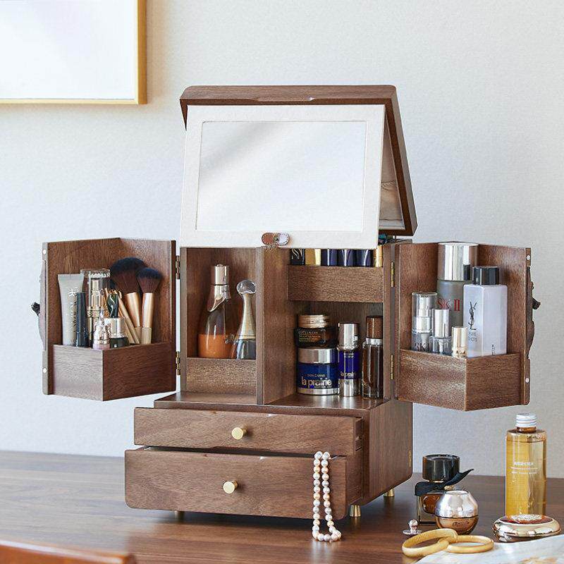 化妆品收纳盒防尘带镜一体木质桌面化妆台大容量护肤品整理置物架