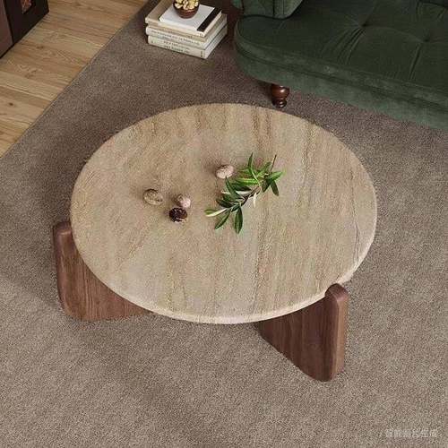 侘寂风实木洞石茶几极简小茶台小户型客厅家用圆形阳台大理石矮桌