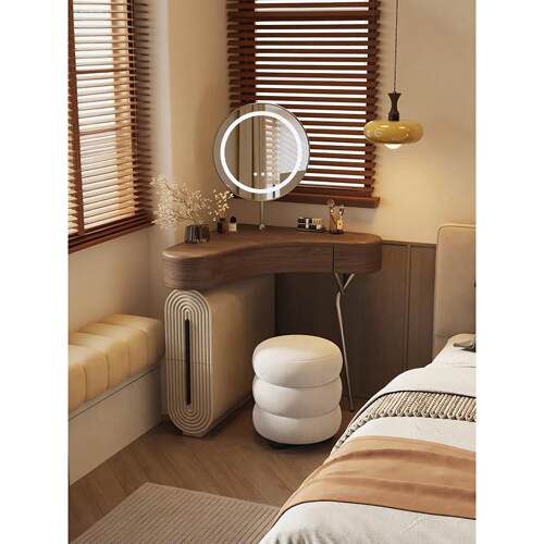 梦鹿中古风转角梳妆台卧室角落小户型三角拐角化妆桌2025新款