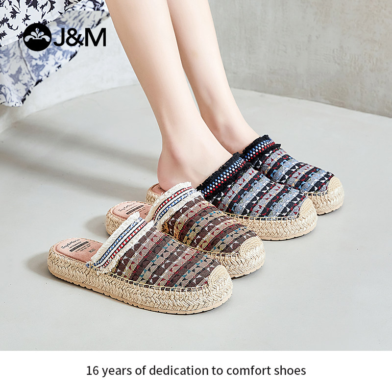 jm快乐玛丽2025春夏新款麻底鞋一脚蹬平底复古女包头穆勒凉拖鞋女