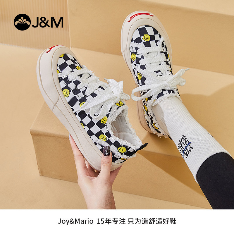 jm快乐玛丽开口笑女鞋2024新款百搭乐福鞋懒人一脚蹬厚底帆布鞋子