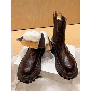 纯羊毛2025冬季爆款厚底真皮短靴女加绒加厚马丁靴皮毛一体雪地靴