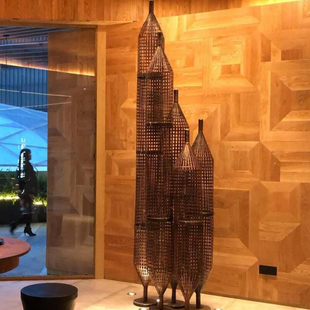 设计师定制竹笼五件套编织创意摆件 个性 锻铜雕塑酒店大堂装 饰软装