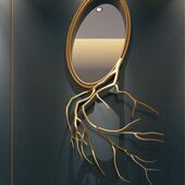 北欧黄铜椭圆浴室镜窗框线条树根艺术净黄铜电视背景墙装 饰品镜