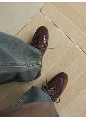 2026新款复古羊皮系带拼色洋气轻便高级气质百搭深口德训鞋单鞋