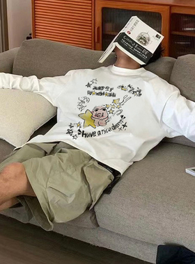 MerryWannaBe MWB capper同款做个好梦小猪涂鸦印花美式长袖T恤