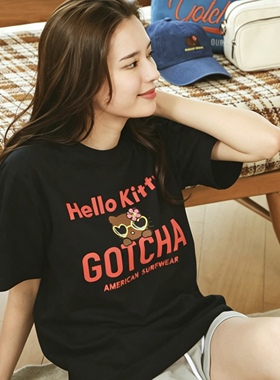 Hello Kitty黑皮凯蒂猫联名gotcha新款男女情侣美式复古短袖T恤
